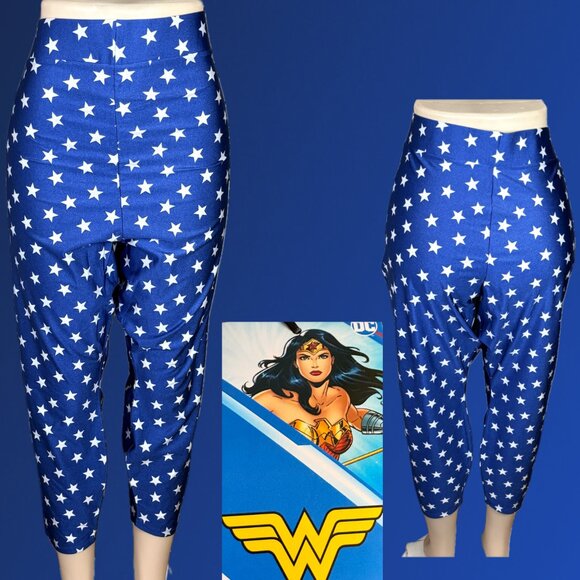 DC Comics +3 Blue Stretch Waist Wonder Woman Star Liquid Knit Crop Leggings - Picture 1 of 6